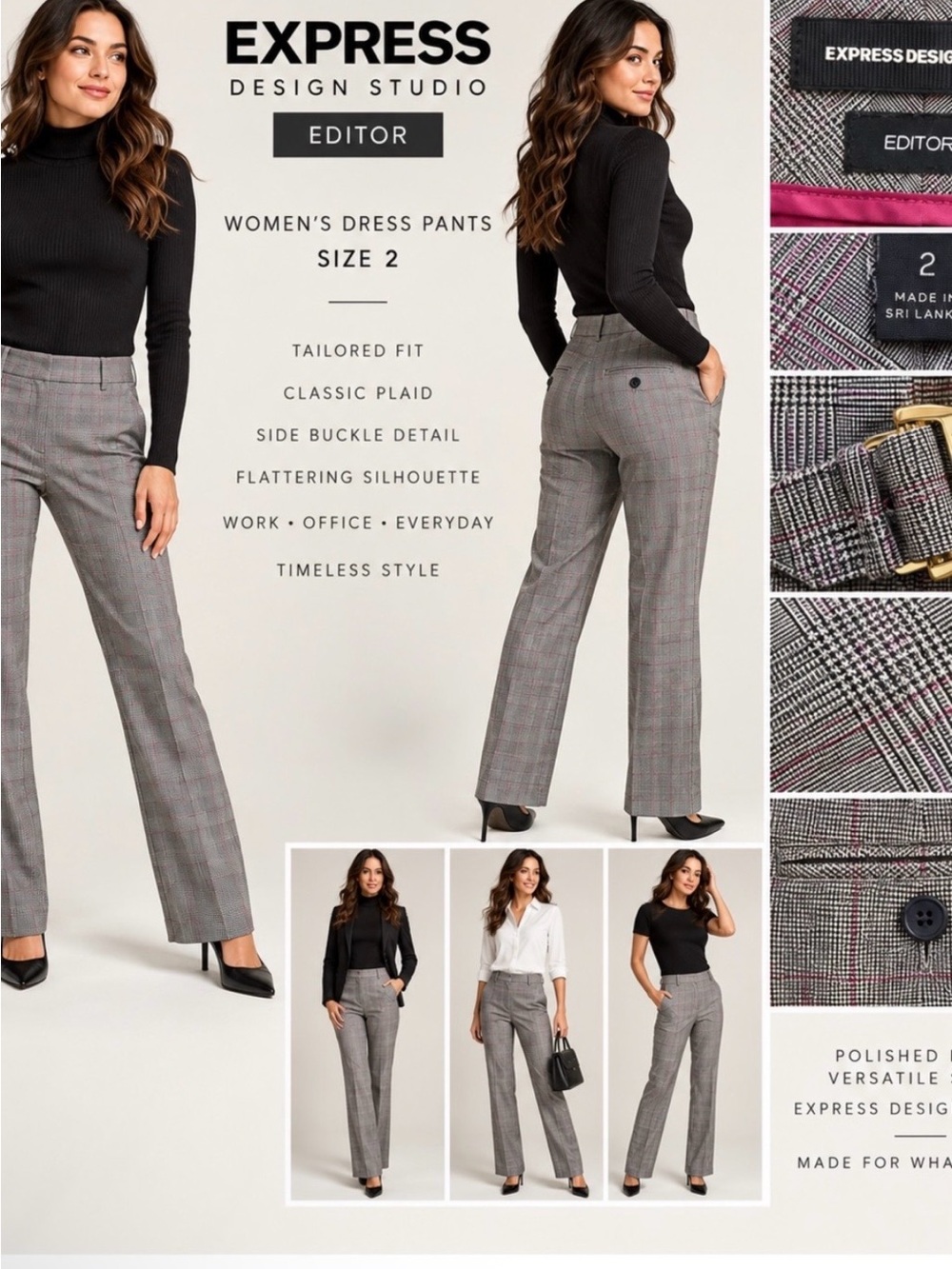 Express Design Studio Editor Women's Plaid Dress Trousers - Gray w/ subtle pink